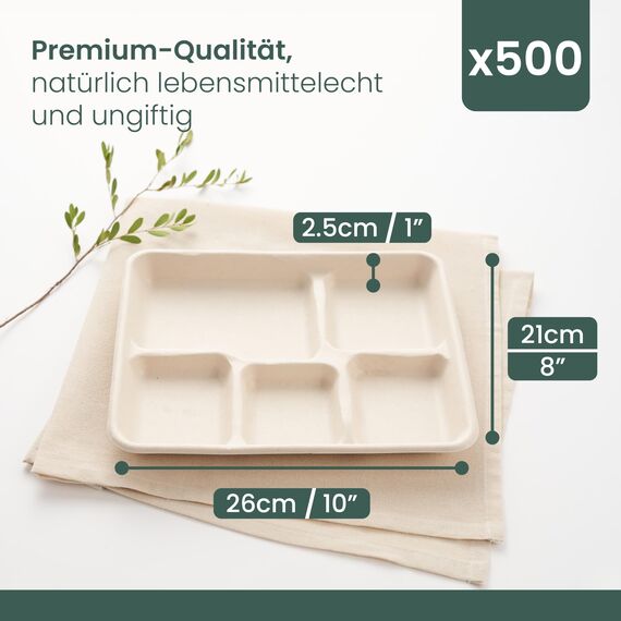 HAAGO 500 Zuckerrohr Bagasse Einwegteller, 5-Geteilte Menüteller, 26cm - Stabil, Biologisch Abbaubar, Umweltfreundlich & Home Kompostierbar