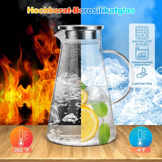 SUSTEAS 2 Liter Karaffe aus Glas mit Deckel - Schwenkkaraffe für Selbstgemachte Getränke, Eistee, Kaffee, Milch, Wein, Saft - Spülmaschinenfest & Ausgießer