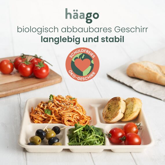 HAAGO 200 Zuckerrohr Bagasse Einwegteller, 5-Geteilte Menüteller, 26cm - Stabil, Biologisch Abbaubar, Umweltfreundlich & Home Kompostierbar