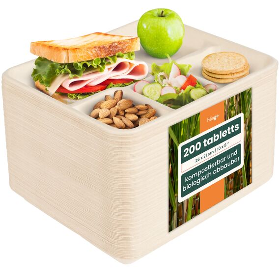 HAAGO 200 Zuckerrohr Bagasse Einwegteller, 5-Geteilte Menüteller, 26cm - Stabil, Biologisch Abbaubar, Umweltfreundlich & Home Kompostierbar