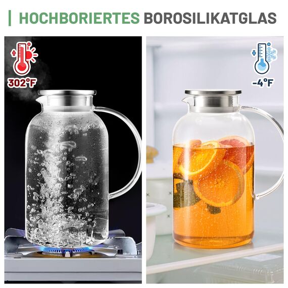 SUSTEAS 2.5 Liter 75oz Glaskaraffe mit Deckel, Leicht zu Reinigende Hitzebeständige Wasserkaraffe mit Griff für Heiße/Kalte Getränke - Wasser, Cold Brew, Eistee & Saft, Mit Bürste