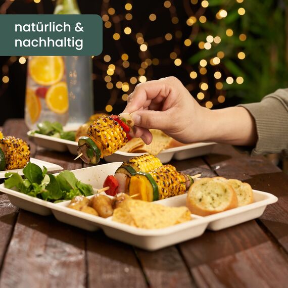 HAAGO 200 Zuckerrohr Bagasse Einwegteller, 5-Geteilte Menüteller, 26cm - Stabil, Biologisch Abbaubar, Umweltfreundlich & Home Kompostierbar