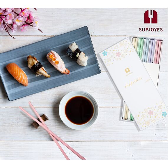 SUPJOYES 5 Paar Fiberglas Essstäbchen, Buntes Wiederverwendbare Japanische Essstäbchen, Essstäbchen Spülmaschinenfest, 24 cm, Kirschblüte Mustern, rutschfeste Stäbchen