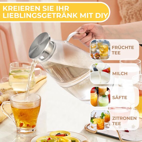 SUSTEAS 3.0 Liter 101 Unzen Wasserkaraffe, Glaskaraffe mit Deckel aus Borosilikatglas, Mundgeblasene Glaskaraffe, Wasserkrug, Glaskrug Benutzt für Eistee Heißes Kaltes Wasser Milch Kaffee Wein