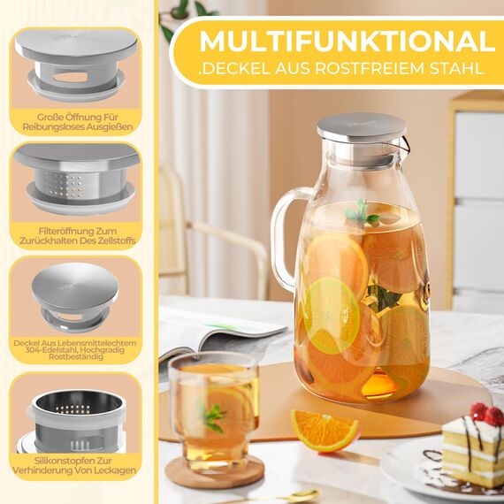SUSTEAS 3.0 Liter 101 Unzen Wasserkaraffe, Glaskaraffe mit Deckel aus Borosilikatglas, Mundgeblasene Glaskaraffe, Wasserkrug, Glaskrug Benutzt für Eistee Heißes Kaltes Wasser Milch Kaffee Wein