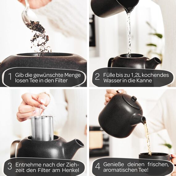 STEINZEIT Design Teekanne mit Stövchen (1,3L) – mit Siebeinsatz aus rostfreiem 304 Edelstahl – Keramik mit einzigartiger Glasur mit Sieb herausnehmbar , schwarz