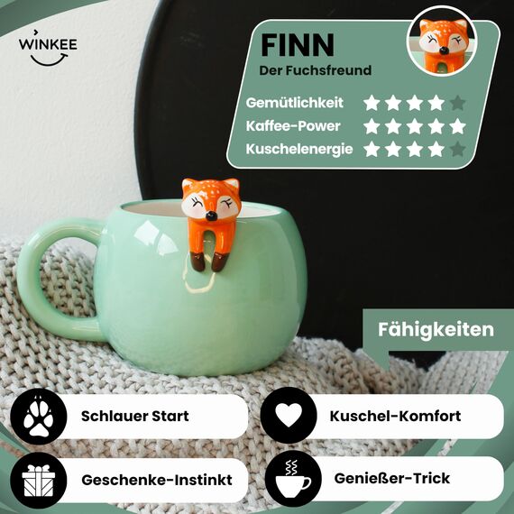 Winkee - Pet Friends Fuchs-Tasse Finn I Super süße Kaffeetasse & Teetasse I Großer Becher- ca. 450 ml