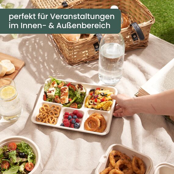 HAAGO 200 Zuckerrohr Bagasse Einwegteller, 5-Geteilte Menüteller, 26cm - Stabil, Biologisch Abbaubar, Umweltfreundlich & Home Kompostierbar