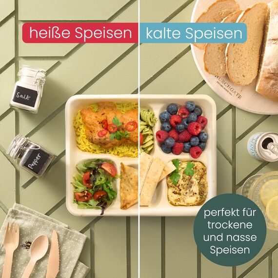 HAAGO 500 Zuckerrohr Bagasse Einwegteller, 5-Geteilte Menüteller, 26cm - Stabil, Biologisch Abbaubar, Umweltfreundlich & Home Kompostierbar
