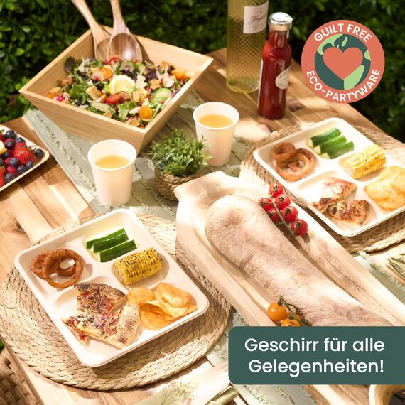 HAAGO 300 Zuckerrohr Bagasse Einwegteller, 5-Geteilte Menüteller, 26cm - Stabil, Biologisch Abbaubar, Umweltfreundlich & Home Kompostierbar