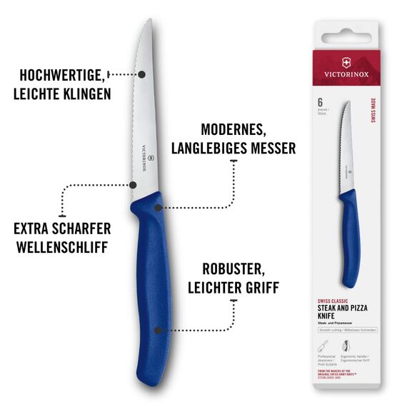 Victorinox Swiss Classic Profi Steak- und Pizzamesser-Set, 6-teilig, Tafelmesser, Wellenschliff, Scharfe Klingen, 11 cm, Robuste Kunststoffgriffe, Blau