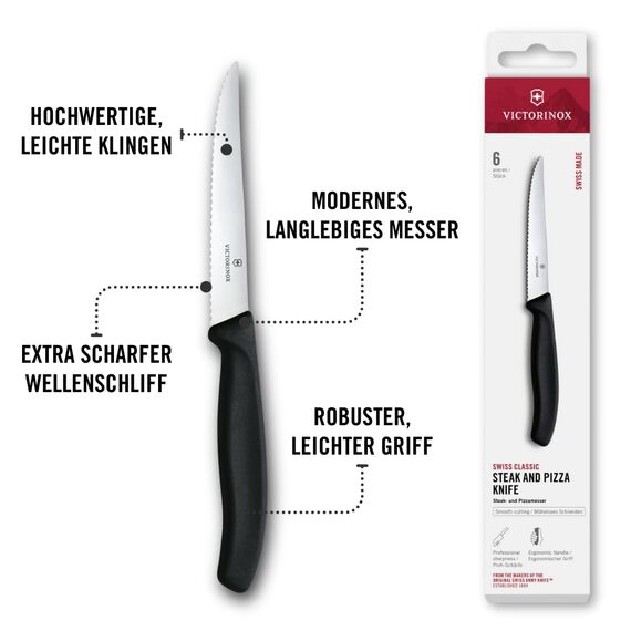 Victorinox Swiss Classic Profi Steak- und Pizzamesser-Set, 6-teilig, Tafelmesser, Wellenschliff, Scharfe Klingen, 11 cm, Robuste Kunststoffgriffe, Schwarz
