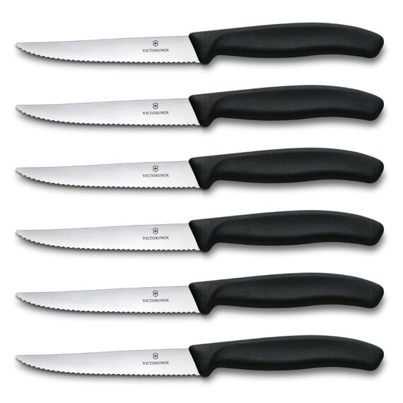 Victorinox Swiss Classic Profi Steak- und Pizzamesser-Set, 6-teilig, Tafelmesser, Wellenschliff, Scharfe Klingen, 11 cm, Robuste Kunststoffgriffe, Schwarz