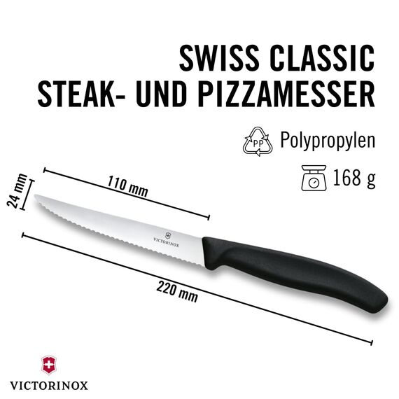 Victorinox Swiss Classic Profi Steak- und Pizzamesser-Set, 6-teilig, Tafelmesser, Wellenschliff, Scharfe Klingen, 11 cm, Robuste Kunststoffgriffe, Schwarz