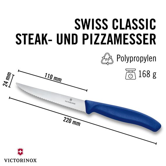 Victorinox Swiss Classic Profi Steak- und Pizzamesser-Set, 6-teilig, Tafelmesser, Wellenschliff, Scharfe Klingen, 11 cm, Robuste Kunststoffgriffe, Blau