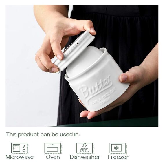 DOWAN Porzellan Butter Keeper Crock, Französische Butterdose mit Deckel, Porzellan-Buttertopf im Einmachglas-Stil, Geprägter Butterbehälter für Frisch Aromatisierte Butter, Soft White