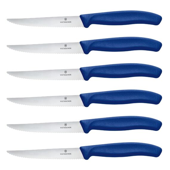 Victorinox Swiss Classic Profi Steak- und Pizzamesser-Set, 6-teilig, Tafelmesser, Wellenschliff, Scharfe Klingen, 11 cm, Robuste Kunststoffgriffe, Blau