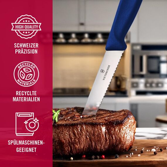 Victorinox Swiss Classic Profi Steak- und Pizzamesser-Set, 6-teilig, Tafelmesser, Wellenschliff, Scharfe Klingen, 11 cm, Robuste Kunststoffgriffe, Blau