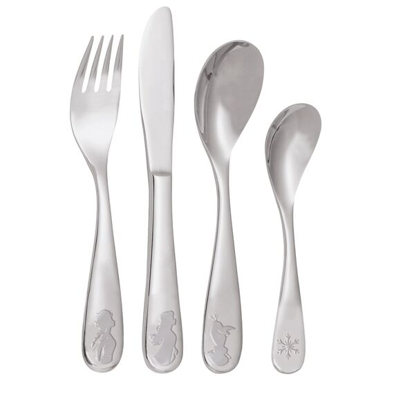 Frozen Die Eiskönigin Kinderbesteck Set 4-teilig - Edelstahl rostfrei mit Messer, Gabel, Suppenlöffel und Dessertlöffel - geprägtes Motiv mit Elsa, Anna und Olaf - spülmaschinengeeignet, kindgerecht