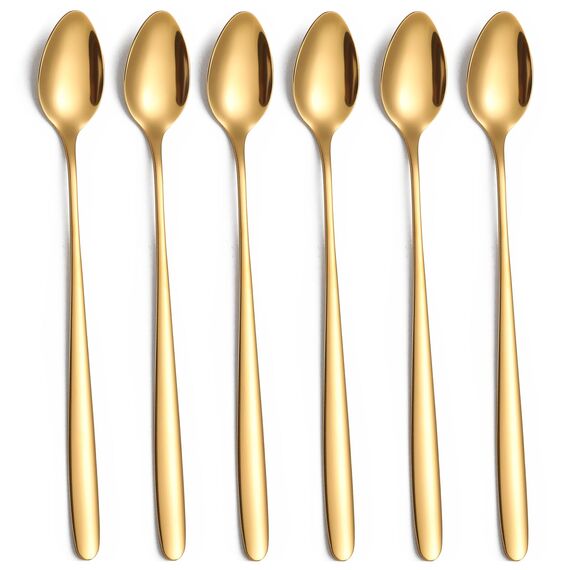tiokin Latte Macchiato Löffel Set, 6-teilig, 19.8 cm langem Griff Eislöffel lang Rührlöffel aus Edelstahl Ideal für Eiskaffee Eistee Milchshake Eisbecher kühles Trinken(Gold)