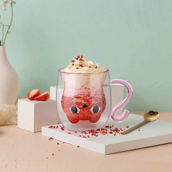 ecooe Doppelwandige Süße katze Latte Macchiato Gläser Kaffeetasse 290ml Kaffeeglas Teegläser für Cappuccino,Latte Macchiato,Tee, Milch, EIS, Bier, Geburtstag Valentinstag Geschenke für Frauen Kinder