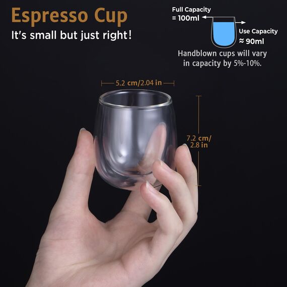 glastal 100ml (4oz) Doppelwandige Espressotassen Espresso Gläser 6er Set, Borosilikatglas Kaffeetassen Glas Set Kaffeeglas Teegläser für Espresso, Latte, Iced Americano, Tee, EIS, Milch, Saft