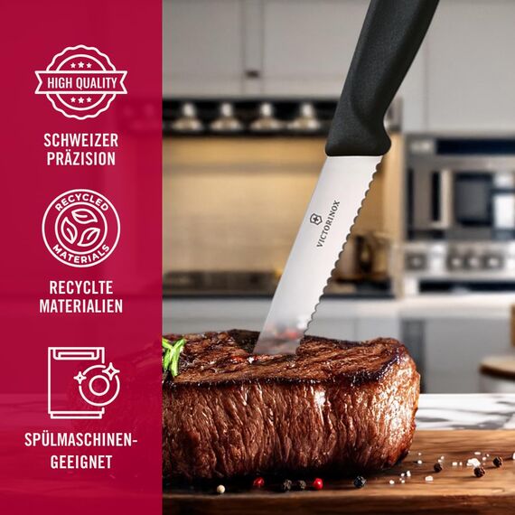 Victorinox Swiss Classic Profi Steak- und Pizzamesser-Set, 6-teilig, Tafelmesser, Wellenschliff, Scharfe Klingen, 11 cm, Robuste Kunststoffgriffe, Schwarz