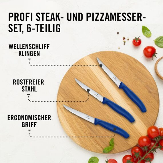 Victorinox Swiss Classic Profi Steak- und Pizzamesser-Set, 6-teilig, Tafelmesser, Wellenschliff, Scharfe Klingen, 11 cm, Robuste Kunststoffgriffe, Blau