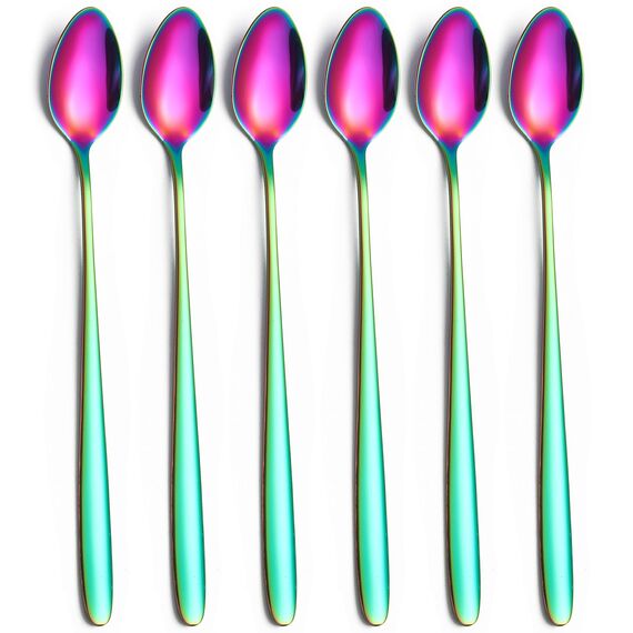 6 Stück 19.8 cm Lang Eislöffel Edelstahl, Löffel mit Langem Stiel, Lange Kaffeelöffel Teelöffel Dessertlöffel, Longdrinklöffel für Latte Macchiato Sundae (Regenbogenfarbe)