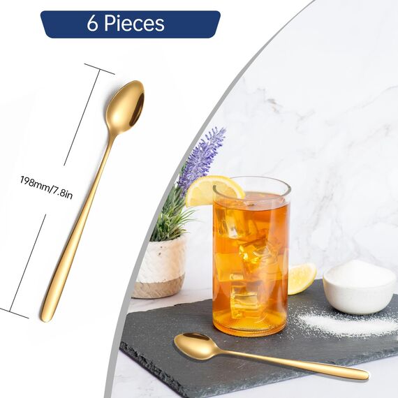 tiokin Latte Macchiato Löffel Set, 6-teilig, 19.8 cm langem Griff Eislöffel lang Rührlöffel aus Edelstahl Ideal für Eiskaffee Eistee Milchshake Eisbecher kühles Trinken(Gold)