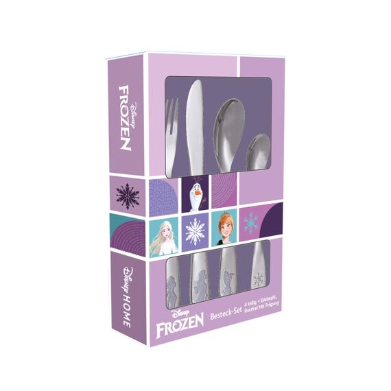 Frozen Die Eiskönigin Kinderbesteck Set 4-teilig - Edelstahl rostfrei mit Messer, Gabel, Suppenlöffel und Dessertlöffel - geprägtes Motiv mit Elsa, Anna und Olaf - spülmaschinengeeignet, kindgerecht