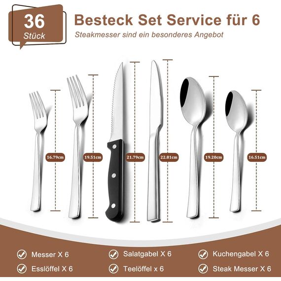 Terlulu 36 teiliges Edelstahl Besteckset mit Steakmesser, Besteck Set 6 Personen, Elegantes Essbesteck Set mit Messer Gabel Löffel, Tafelbesteck für Haus/Party/Restaurant, Spülmaschinenfest