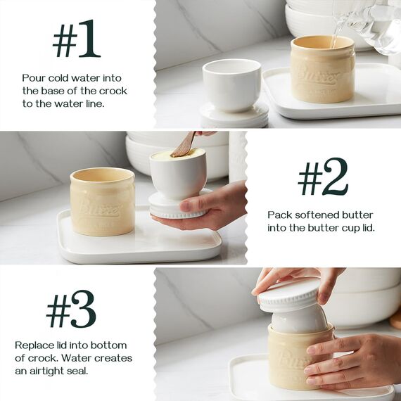 DOWAN Butterdose, französischer Buttertopf mit Deckel für streichbare weiche Butter, Porzellan-Butterbehälter mit Wasserlinie für Theke, geprägter Butterbehälter, Heimgeschenk, Küchendekoration, Beige