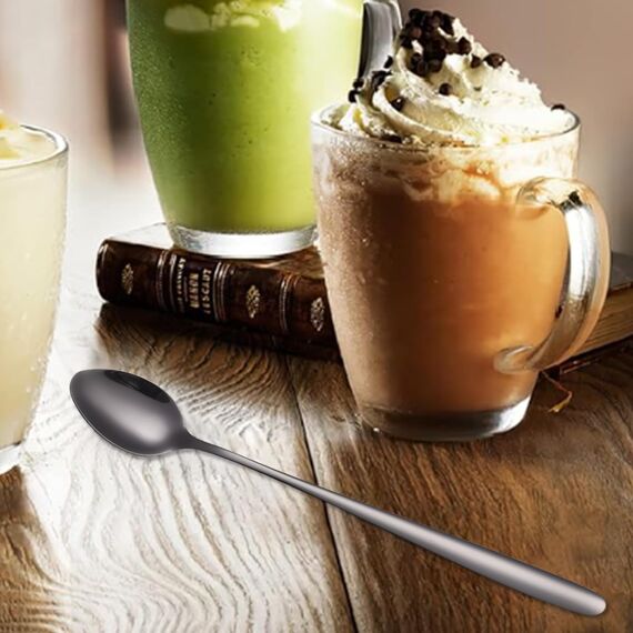 Tiokin Latte Macchiato Löffel Set, 6-teilig Schwarz, 19.8 cm langem Griff Mixing Ice Cream Rührlöffel aus Edelstahl Ideal für Eiskaffee Eistee Milchshake Eisbecher kühles Trinken