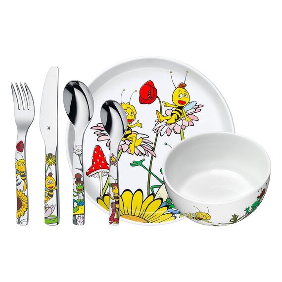 WMF Biene Maja Kinder Geschirrset 6-teilig, Kindergeschirr mit Kinderbesteck, ab 3 Jahre, Edelstahl Cromargan poliert, spülmaschinengeeignet, spülmaschinengeeignet, Mehrfarbig