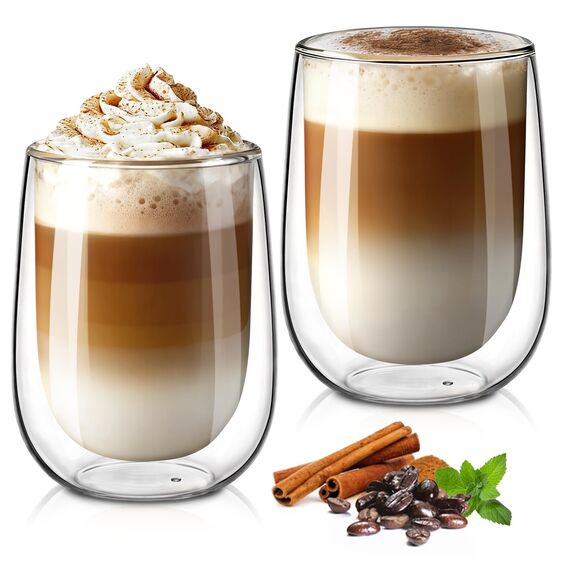 glastal 350ml Doppelwandige Latte Macchiato Gläser Set Borosilikatglas Kaffeetassen Glas 2er Set Kaffeeglas Teegläser für Cappuccino,Latte,Tee,EIS,Eistee,Iced Americano,Milch,Saft,Bier