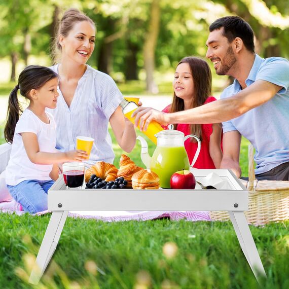 Betttablett Tisch mit klappbaren Beinen, Bambus Frühstück im Bett Essen, Servieren oder Verwendung als Serviertablett, Laptop-Schreibtisch, Snack-Tablett (Weiß)