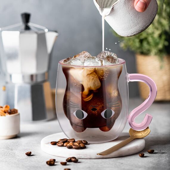 ecooe Doppelwandige Süße katze Latte Macchiato Gläser Kaffeetasse 290ml Kaffeeglas Teegläser für Cappuccino,Latte Macchiato,Tee, Milch, EIS, Bier, Geburtstag Valentinstag Geschenke für Frauen Kinder