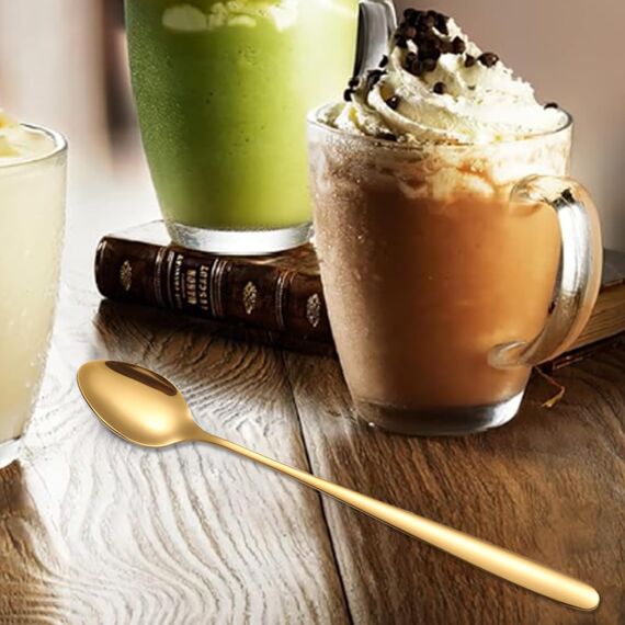tiokin Latte Macchiato Löffel Set, 6-teilig, 19.8 cm langem Griff Eislöffel lang Rührlöffel aus Edelstahl Ideal für Eiskaffee Eistee Milchshake Eisbecher kühles Trinken(Gold)