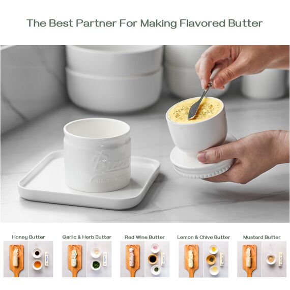 DOWAN Porzellan Butter Keeper Crock, Französische Butterdose mit Deckel, Porzellan-Buttertopf im Einmachglas-Stil, Geprägter Butterbehälter für Frisch Aromatisierte Butter, Soft White