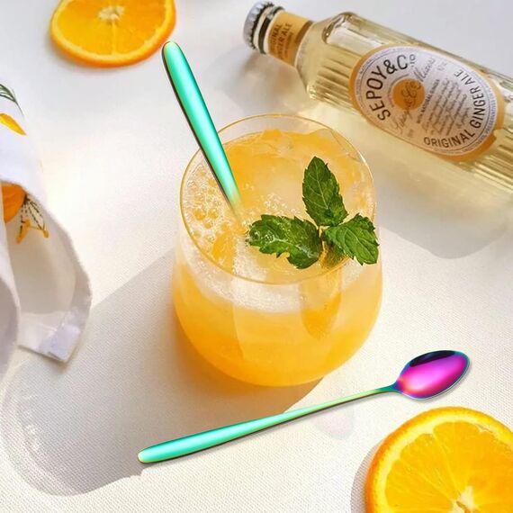 6 Stück 19.8 cm Lang Eislöffel Edelstahl, Löffel mit Langem Stiel, Lange Kaffeelöffel Teelöffel Dessertlöffel, Longdrinklöffel für Latte Macchiato Sundae (Regenbogenfarbe)