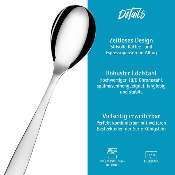 GRÄWE Espressolöffel, Kaffeelöffel Set, 24 Stück, Teelöffel, Edelstahl, Dessertlöffel, Mokkalöffel, Zuckerlöffel, kleiner Löffel, hochglanzpoliert, spülmaschinengeeignet, Serie Königstein