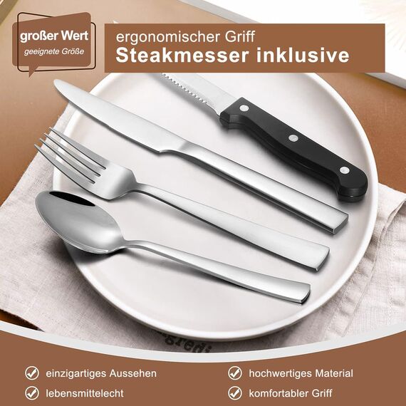 Terlulu 36 teiliges Edelstahl Besteckset mit Steakmesser, Besteck Set 6 Personen, Elegantes Essbesteck Set mit Messer Gabel Löffel, Tafelbesteck für Haus/Party/Restaurant, Spülmaschinenfest