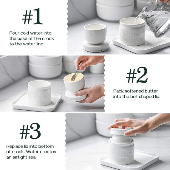 DOWAN Porzellan Butter Keeper Crock, Französische Butterdose mit Deckel, Porzellan-Buttertopf im Einmachglas-Stil, Geprägter Butterbehälter für Frisch Aromatisierte Butter, Soft White