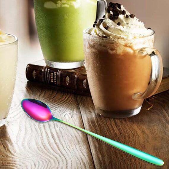 6 Stück 19.8 cm Lang Eislöffel Edelstahl, Löffel mit Langem Stiel, Lange Kaffeelöffel Teelöffel Dessertlöffel, Longdrinklöffel für Latte Macchiato Sundae (Regenbogenfarbe)