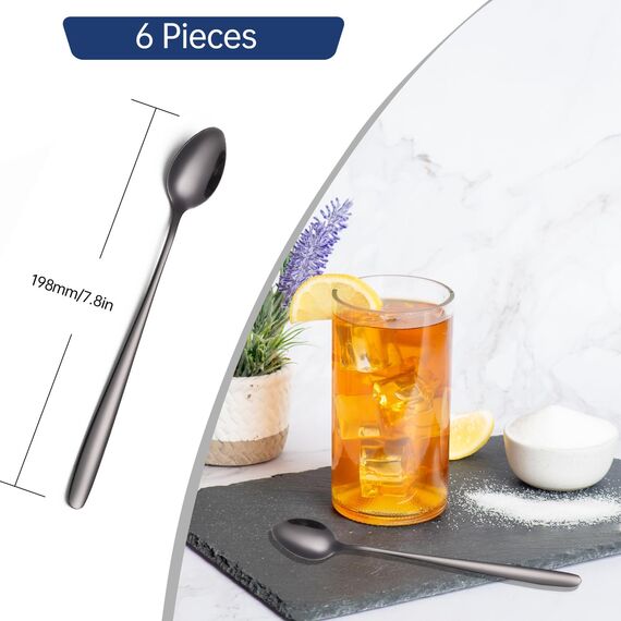 Tiokin Latte Macchiato Löffel Set, 6-teilig Schwarz, 19.8 cm langem Griff Mixing Ice Cream Rührlöffel aus Edelstahl Ideal für Eiskaffee Eistee Milchshake Eisbecher kühles Trinken