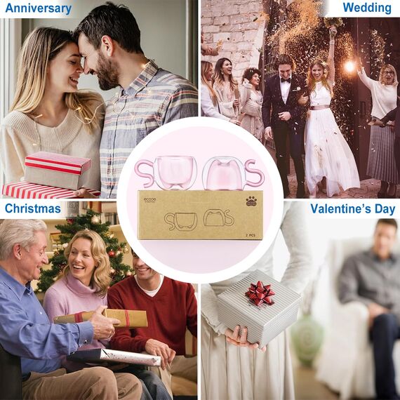 ecooe 130ml Süße Rosa Katze Doppelwandige Kaffeegläser Espressotassen 2er-Set, Katzentasse Geburtstagsgeschenk Geschenke für Frauen, Freundin, Mama, Kinder, Espresso Gläser für Eiskaffee und Milch