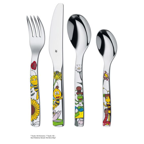 WMF Biene Maja Kinder Geschirrset 6-teilig Kindergeschirr mit Kinderbesteck Edelstahl, mit Namensgravur, ab 3 Jahre, Cromargan poliert, spülmaschinengeeignet, Gravurgeschenk für Taufe oder Geburtstag