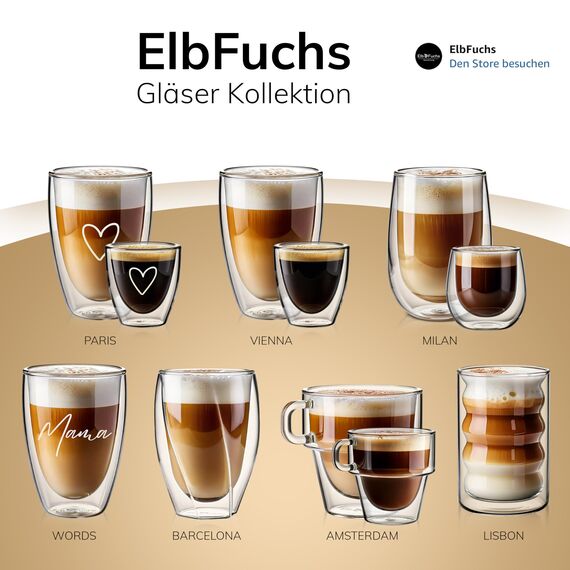 ElbFuchs® Latte Macchiato Gläser doppelwandig [4x 350ml] GESCHENKIDEE mit HERZ | Kristallklare Thermogläser doppelwandig | Ideal als Cappuccino Gläser | Kaffeegläser | Teegläser