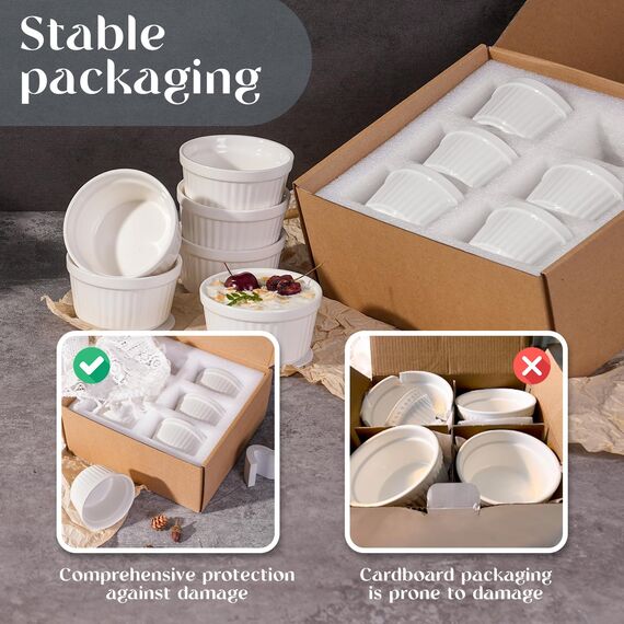 Highkit Creme Brulee Schälchen 6 Stück, 9 cm - 200 ml Souffle Förmchen Backofenfest, Souffleeförmchen Schüsseln, Creme Brulee Schalen, Keramikförmchen Ofenfeste Förmchen, Ragout Fin Schalen,Weiß